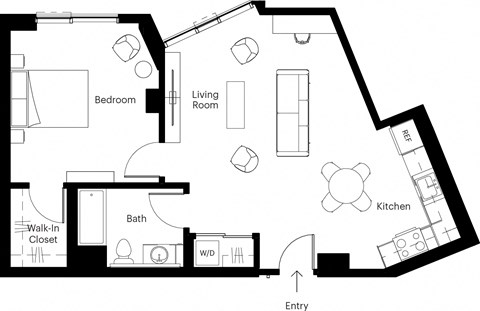 Floor plan for 1 bed, 1 bath, 726 sqft